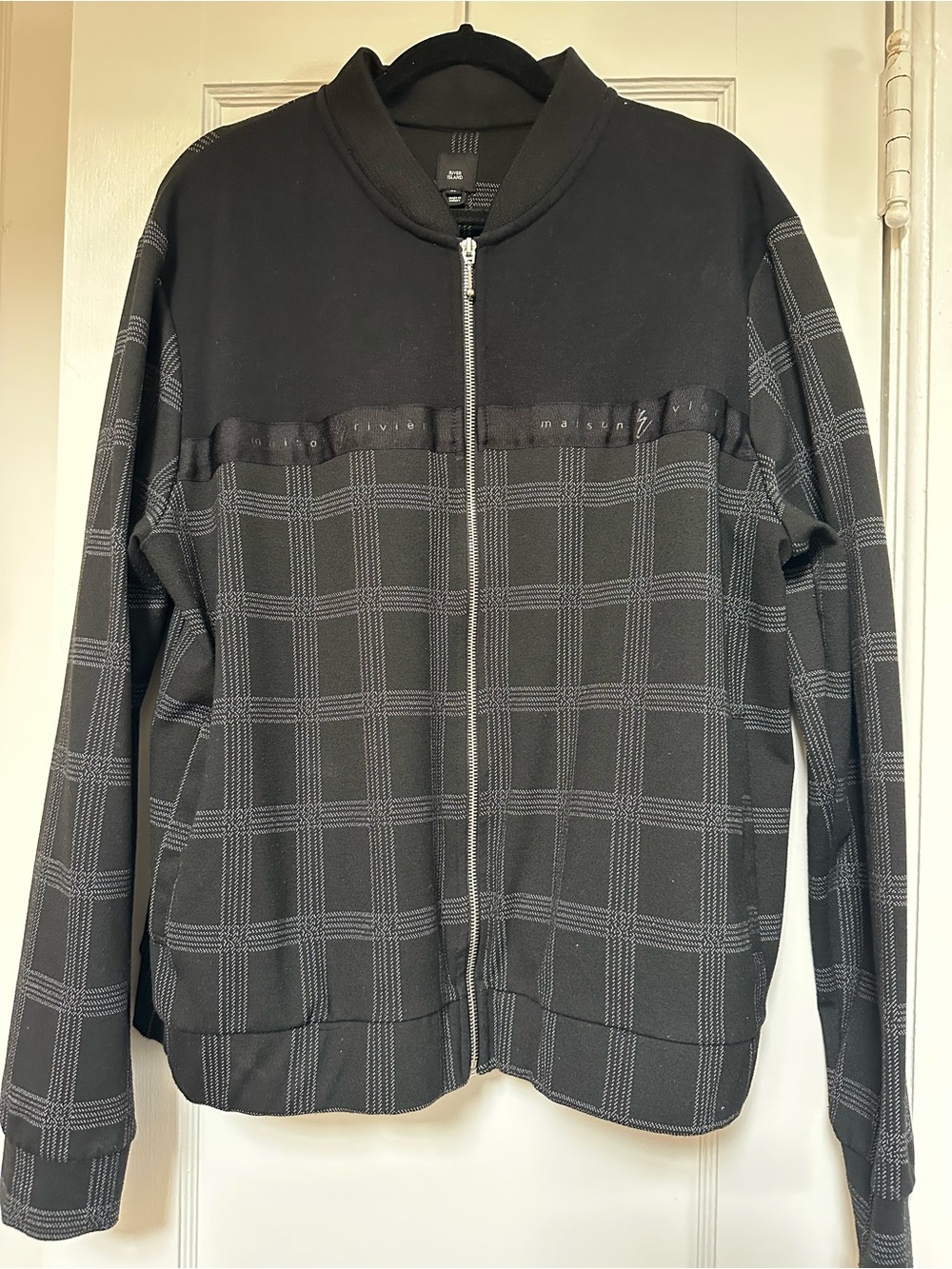 River Island Black Plaid Zip Bomber Track Jacket XXL